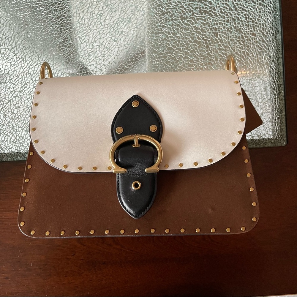 Coach White/Brown/Black Beat Shoulder Bag - Genuine Suede and Smooth Leather